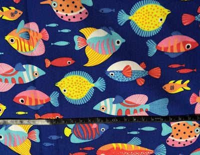 100% Cotton Poplin 58" wide digital print blue waters with bright colorful fish [17620]