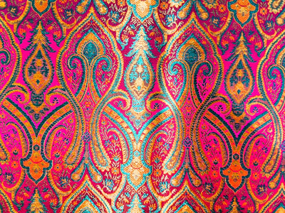 Silk Brocade fabric 44"bright paisley  jacquard available in 4 colors pink/blue/gold , mango/pink/green ,burgundy/green/gold and ink blue/teal/red   BRO1045