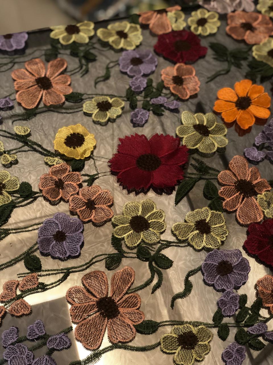 BLACK NET WITH BEAUTIFUL MULTI COLOURED FLOWERS [16917]