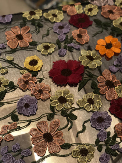 BLACK NET WITH BEAUTIFUL MULTI COLOURED FLOWERS [16917]