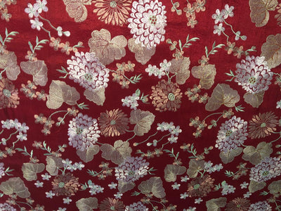 100% Silk dupioni EMBROIDERY 44" WIDE red color with pink and green floral embroidery and subtle metallic gold DUPE70