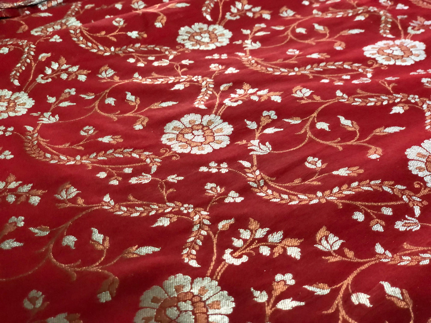 Silk Brocade fabric red with metallic silver and bronze BRO1036[2]