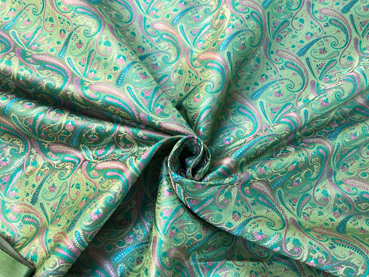 Silk Brocade fabric multi color paisleys available in 4 colors red , green , minty olive and silver BRO1089