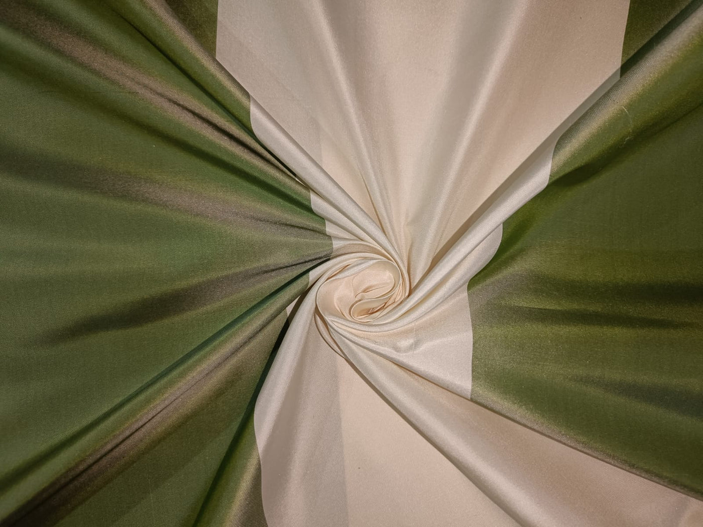 100% Silk taffeta superb 8 inch wide stripes GREEN AND IVORY 54" wide TAFS39