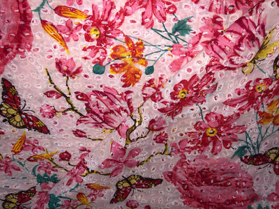 100% Cotton white with pink floral printed and hakoba embroidered fabric  58 inches wide 147 cms. [17304]