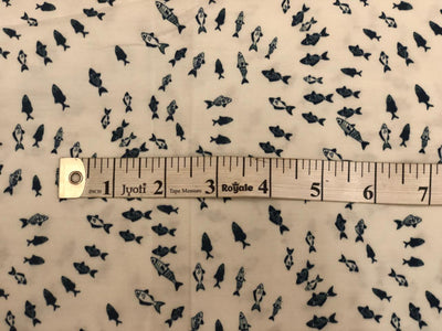 100% Cotton Poplin white with ceramic blue tiny fish all over  [18689]