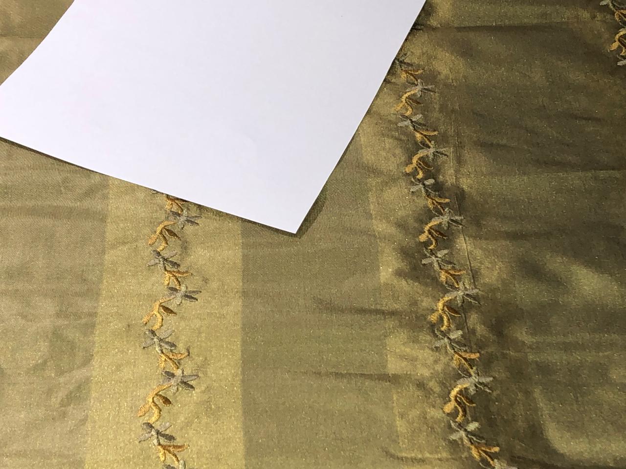 100% Silk TAFETTA EMBROIDERY 54" wide light and dark shade of olive stripe  with delicate olive mustard floral stripes TAFE23