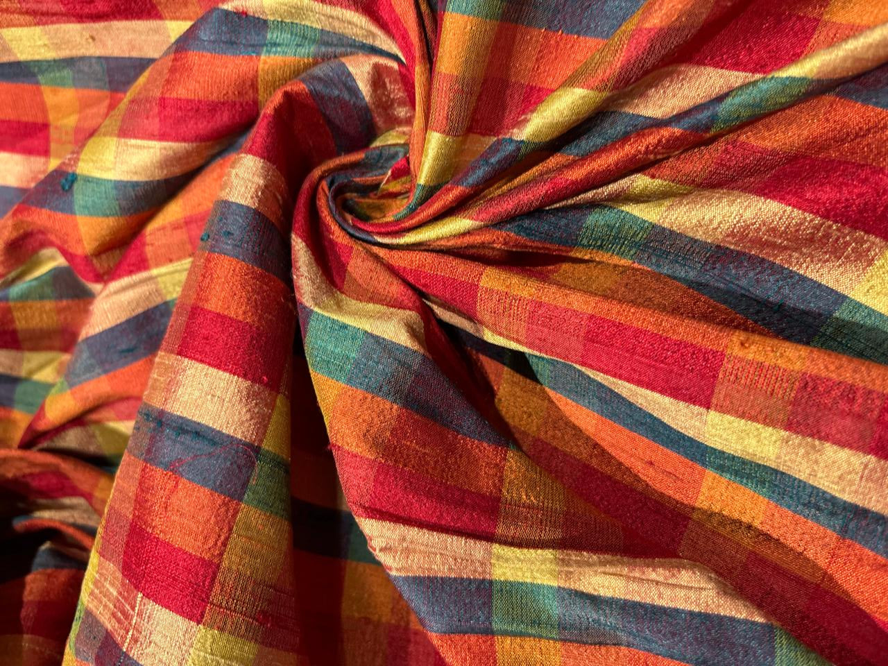 100% silk dupion  Plaids fabric with slubs shades of  green ,red ,burnt orange and gold 54" wide DUPNEWC29[2]