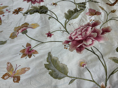 100% Silk dupioni silk 54&quot;-dark ivory with floral embroidery in  pink ,gold and olive floral DUPE64