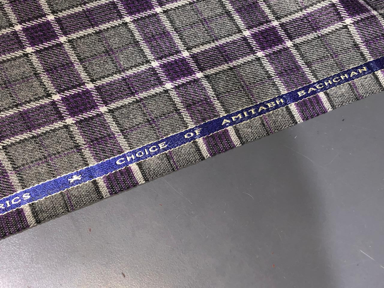 TWEED FANCY Suiting Fabric purple and grey plaids single length of 2 yards  [16583]