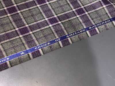 TWEED FANCY Suiting Fabric purple and grey plaids single length of 2 yards  [16583]