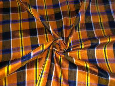 100% silk dupion  Plaids fabric with slubs shades of burnt orange ,navy, black and yellow 54" wide DUPNEWC29[3]