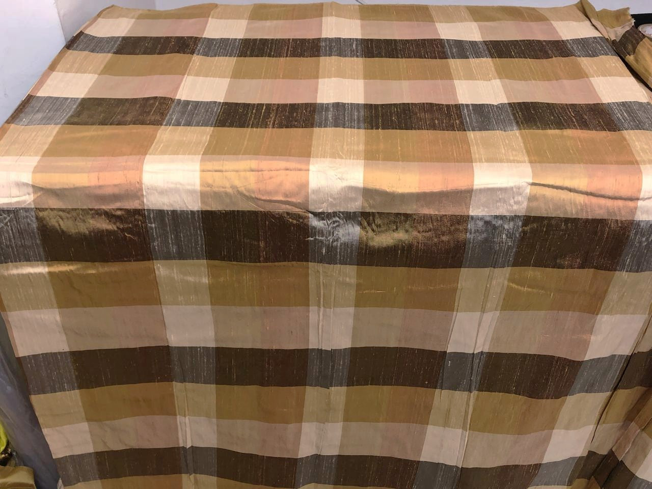 100% silk dupion  Plaids fabric shades of gold, brown and grey with slubs DUPNEWC31[2]