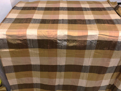 100% silk dupion  Plaids fabric shades of gold, brown and grey with slubs DUPNEWC31[2]