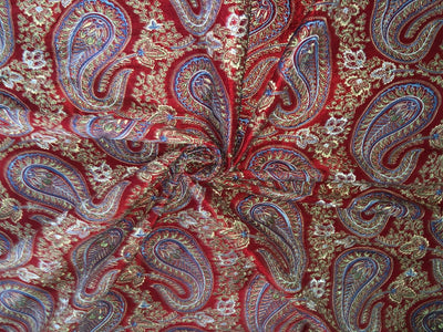 100% Silk dupioni EMBROIDERY 44" WIDE red color with blue paisley embroidery DUPE71