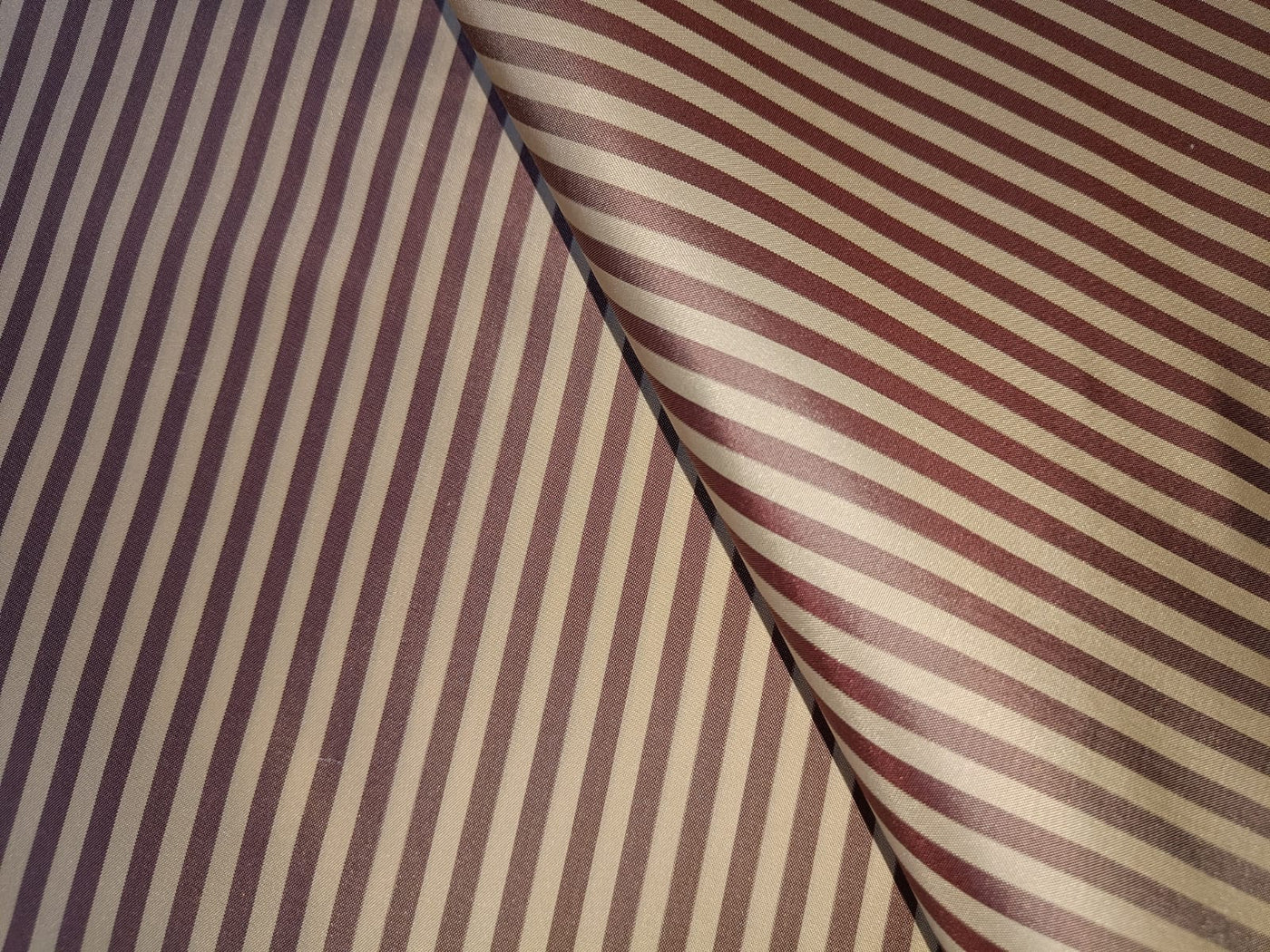 100% SILK TAFFETA Fabric Wine x Brown &amp; Cream color STRIPES 54" wide Taf#S121