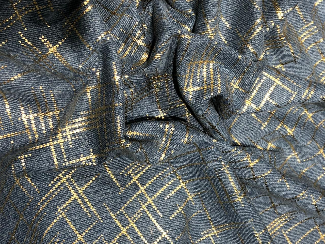 100% Cotton Denim Fabric with foil print 58" wide available in 3 colors light dusty greenm, light blue and darker blue[17720/21/22]