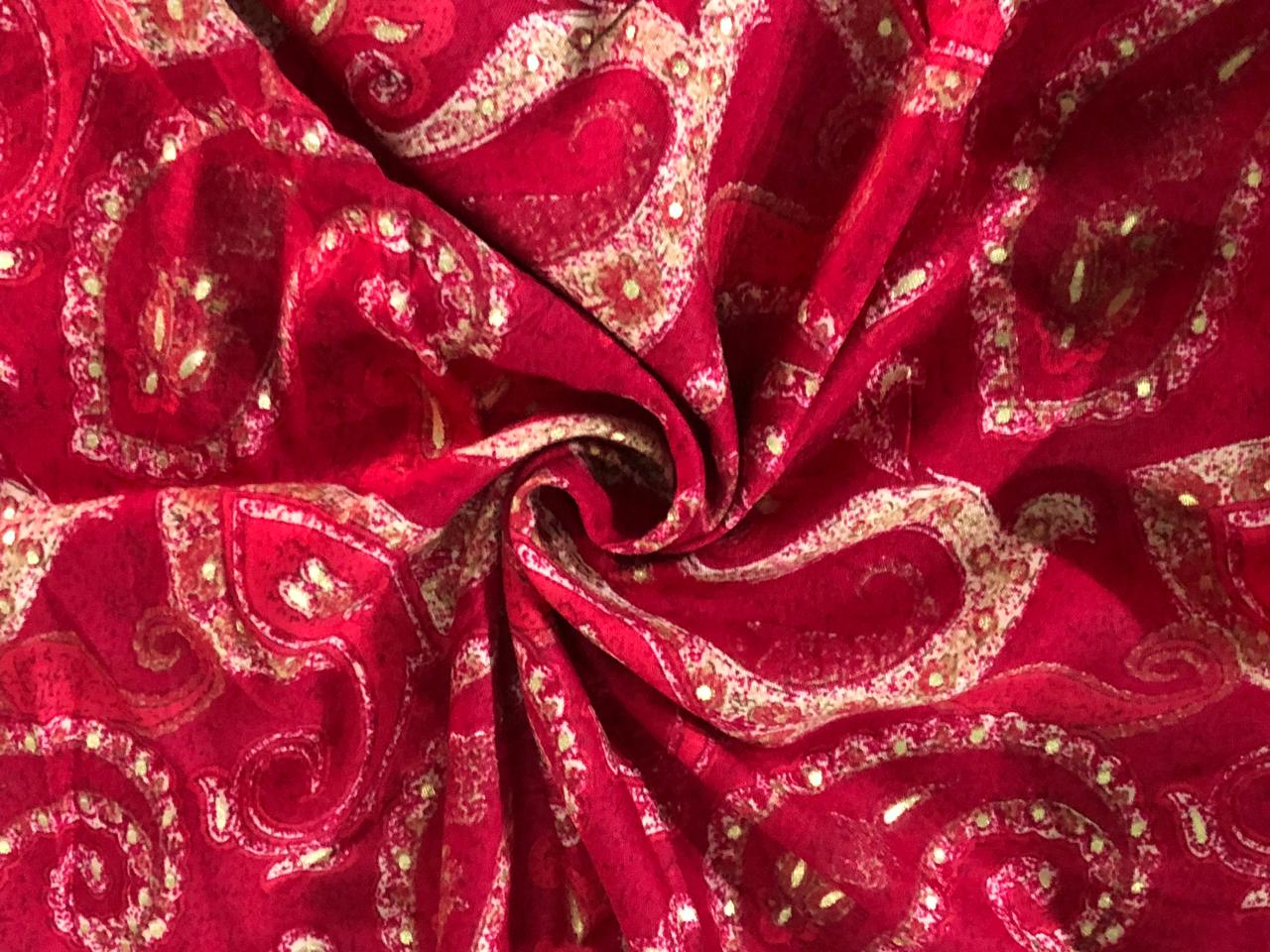 Premium Viscose Rayon fabric with foil print 58" wide available in four colors RED/PINK/PEACOCK GREEN AND MUSTARD GOLD