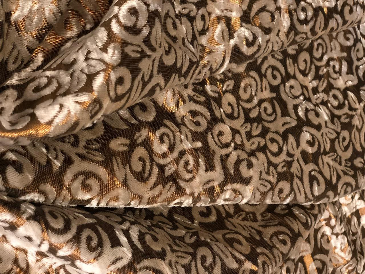 White Devore Viscose Burnout Velvet fabric 44" wide antique gold available in 2 designs floral & swirl motifs [18313/14]