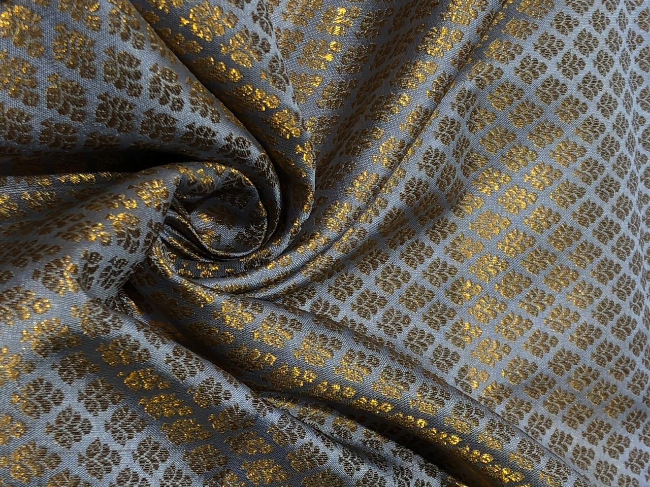 Silk Brocade fabric 44" carolina blue with tiny antique gold motifs BRO1038[2]