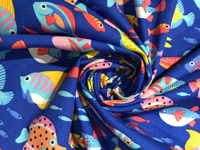 100% Cotton Poplin 58" wide digital print blue waters with bright colorful fish [17620]