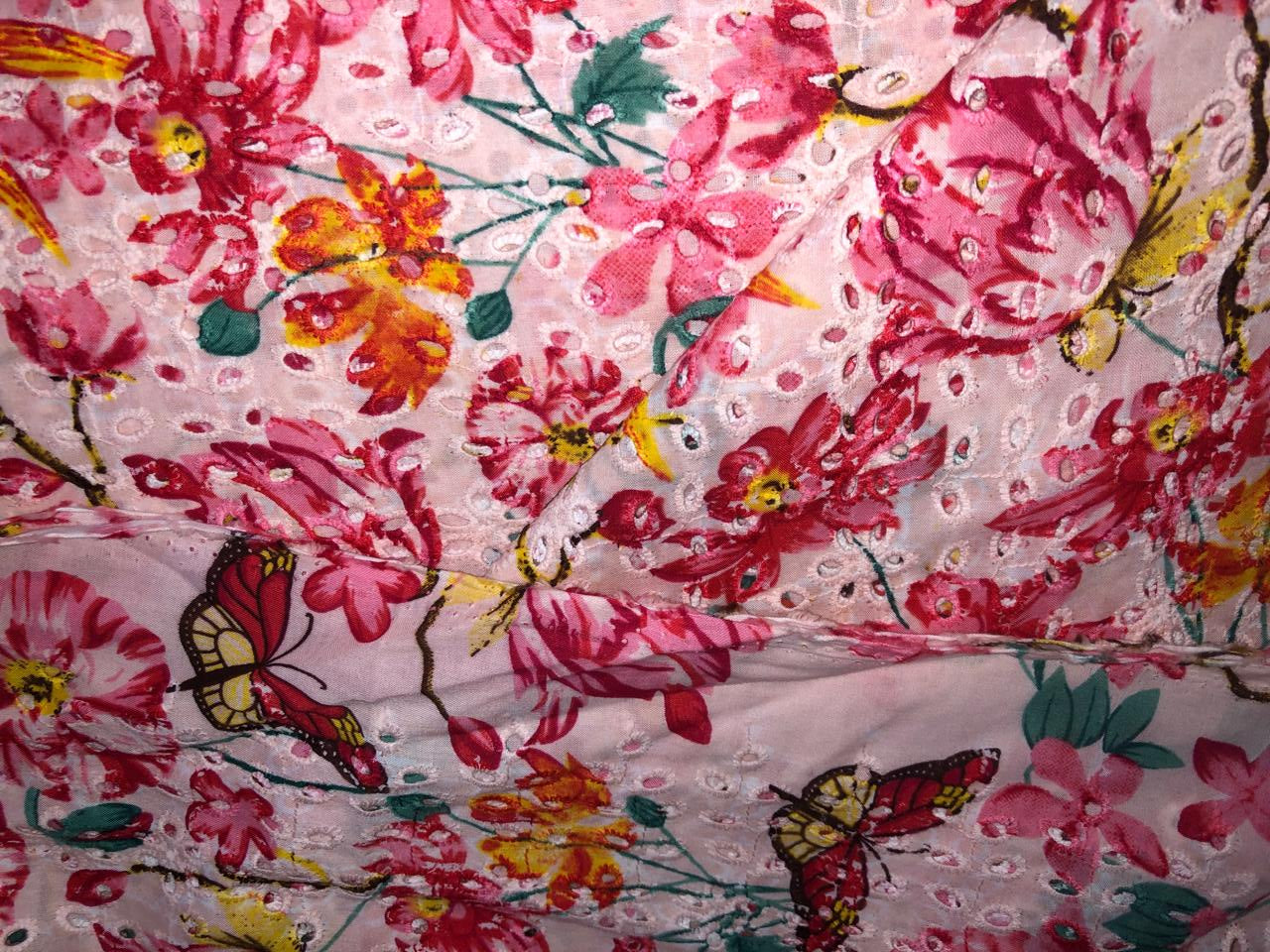 100% Cotton white with pink floral printed and hakoba embroidered fabric  58 inches wide 147 cms. [17304]