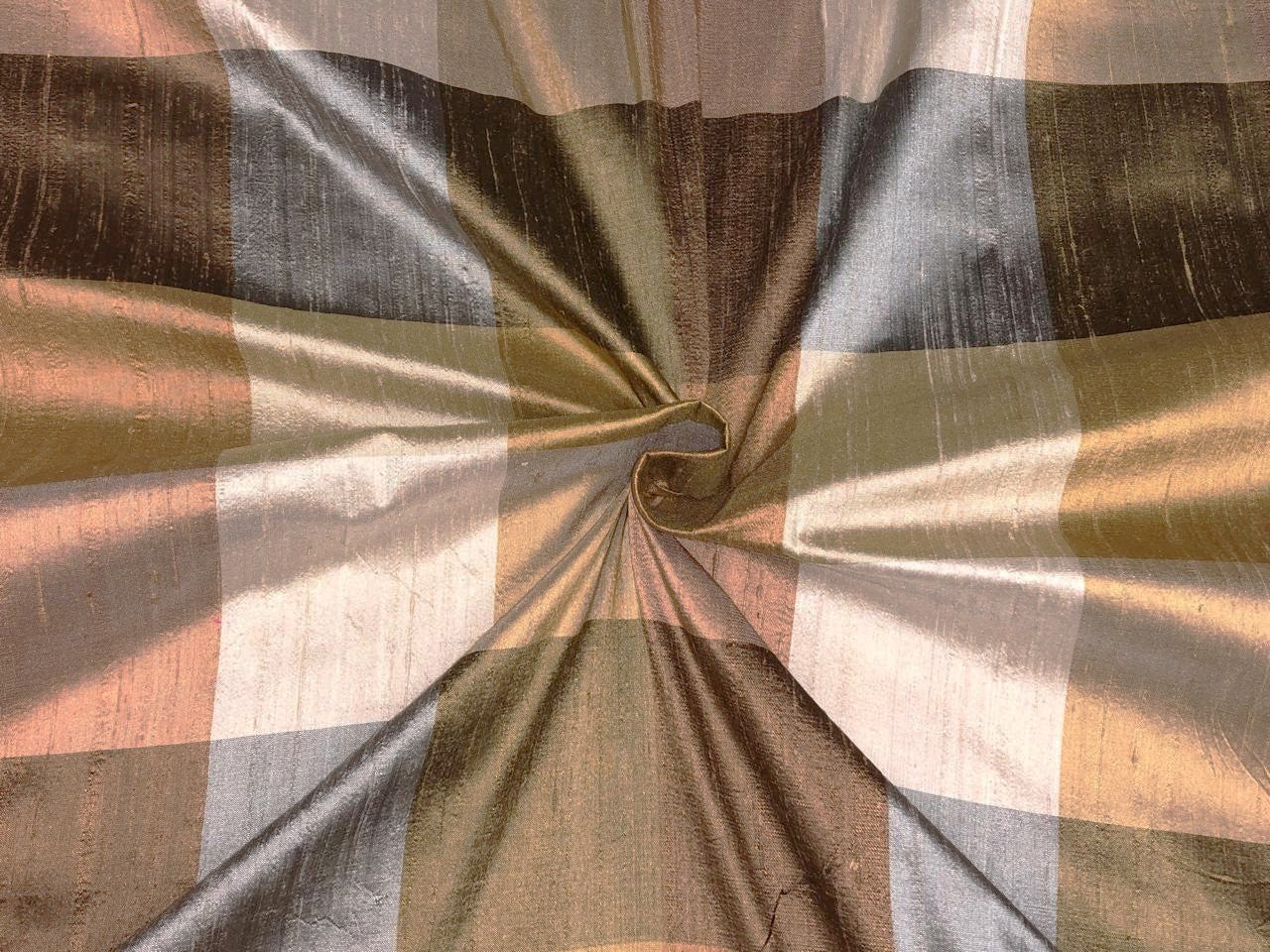 100% silk dupion  Plaids fabric shades of gold, brown and grey with slubs DUPNEWC31[2]