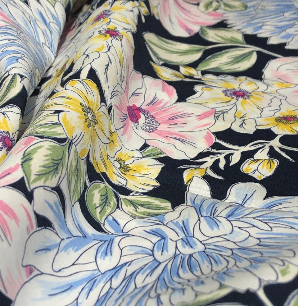 100% Cotton Poplin 58" black with pink, yellow ,blue and green floral [17581]
