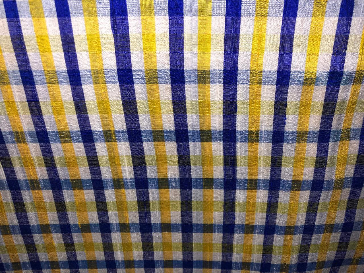 100% silk dupion  Plaids fabric with slubs shades of golden yellow ,blue ,royal blue and white yellow 54" wide DUPNEWC26[3]