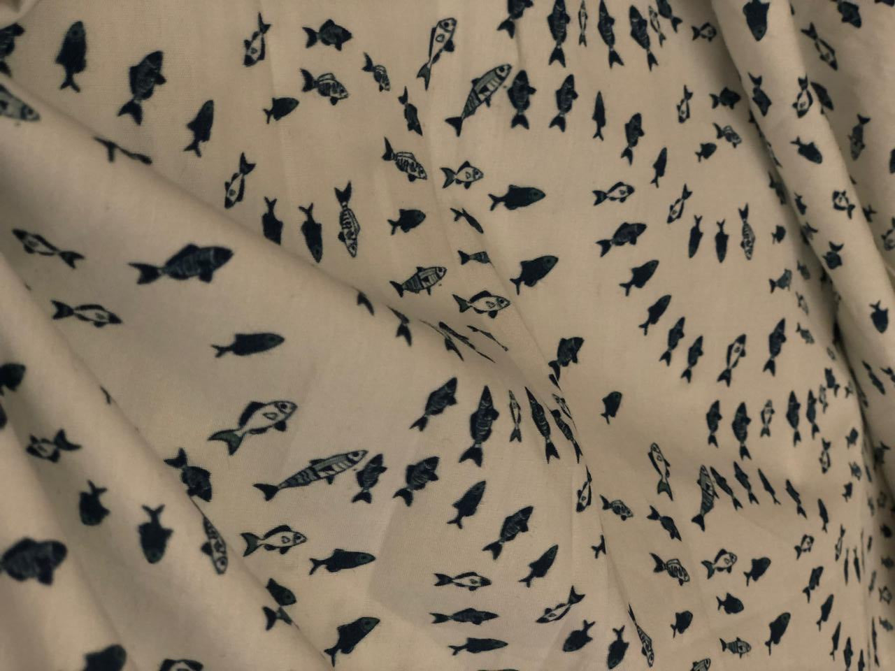 100% Cotton Poplin white with ceramic blue tiny fish all over  [18689]