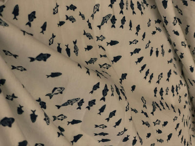 100% Cotton Poplin white with ceramic blue tiny fish all over  [18689]