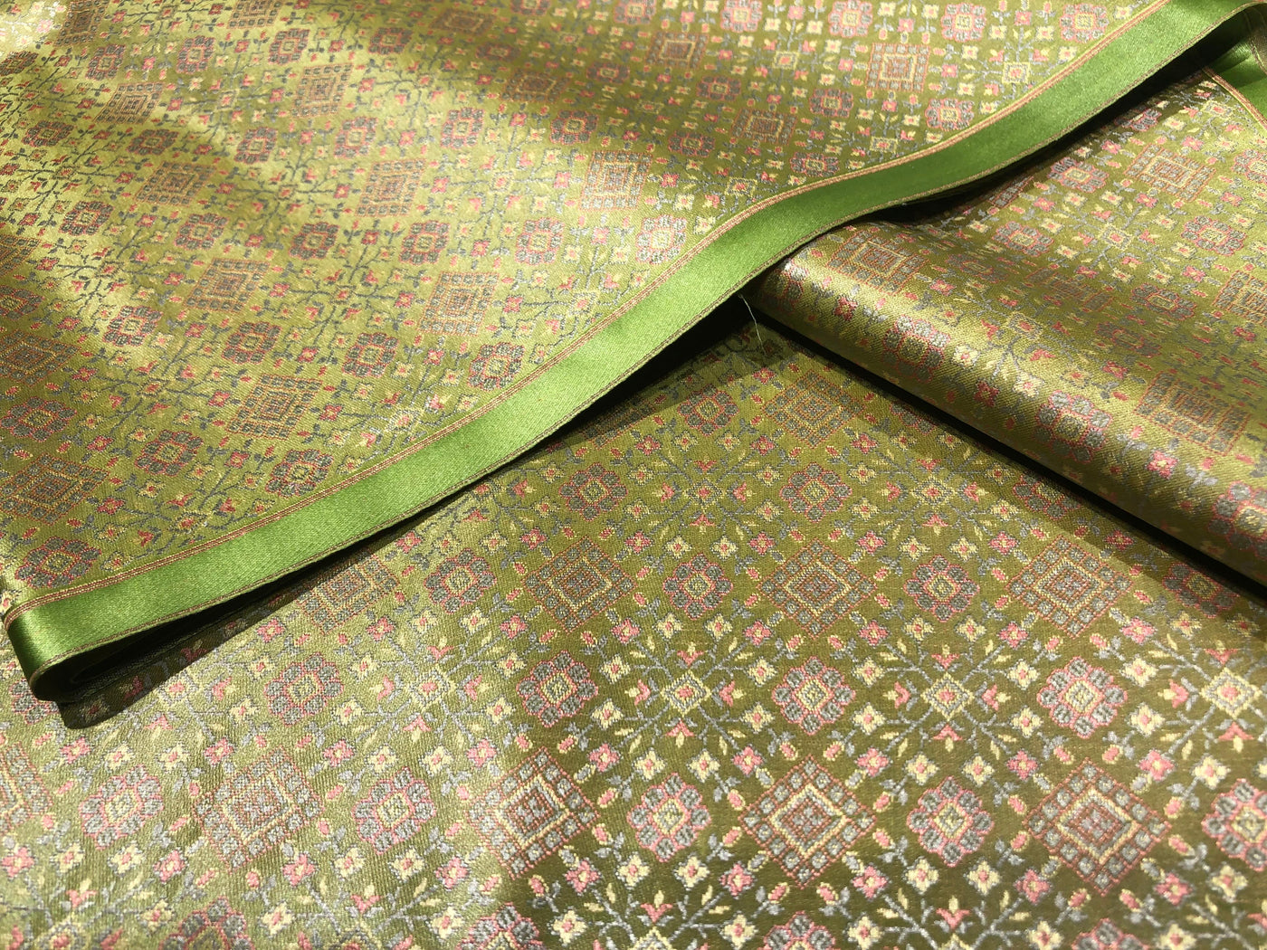 Silk Brocade fabric pastel green with pink and blue geometric diamond shape  jacquard BRO1024[3]