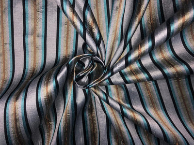 PURE SILK Dupioni FABRIC Silver grey, black ,blue and gold  color stripes DUPS12[1]