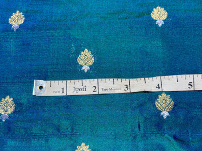 100% PURE Silk Brocade fabric 44" wide BLUE X GREEN [KINGFISHER BLUE]2 tone with small metallic gold ,silver motifs BRO914[6]
