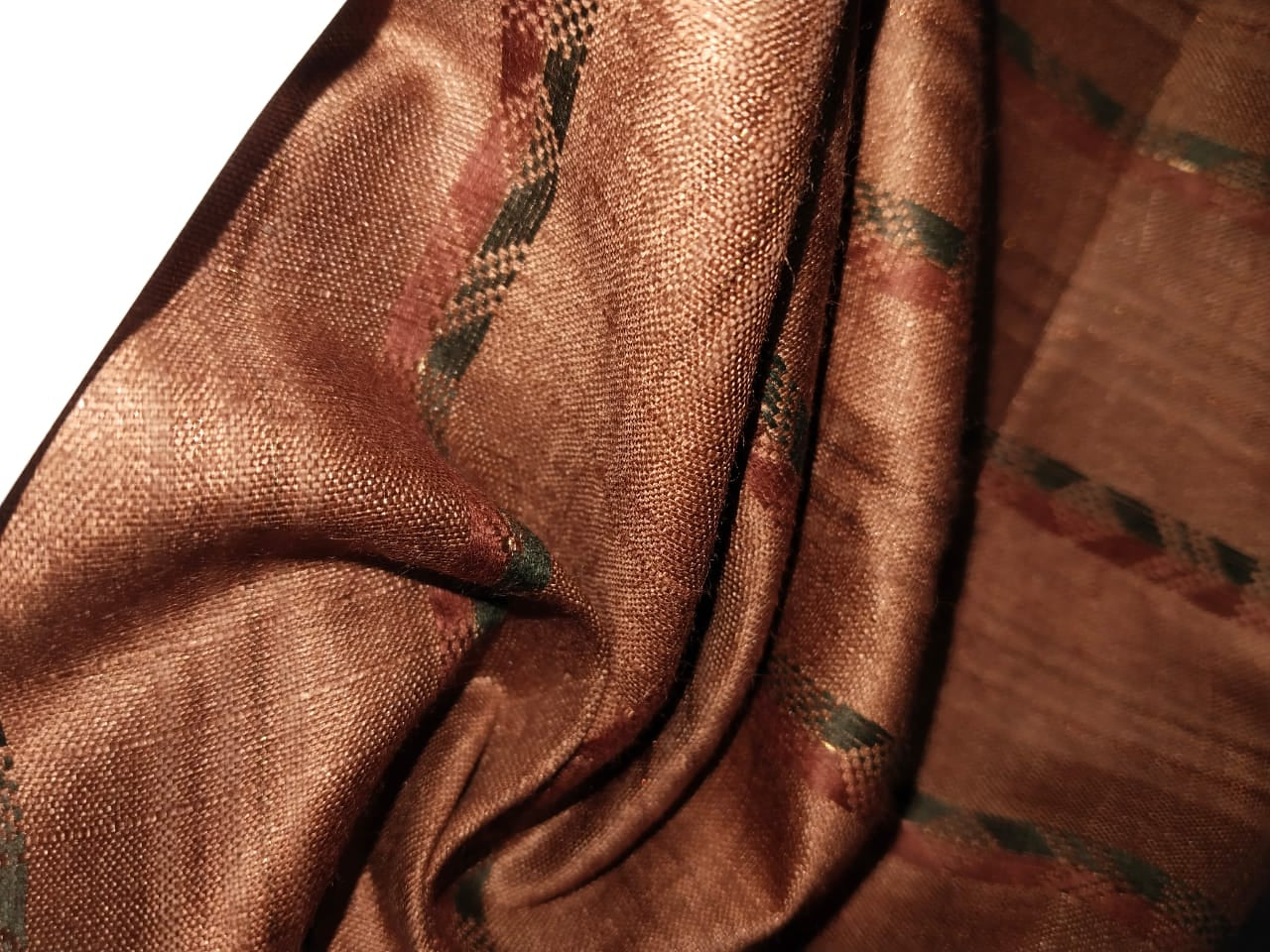 100% SILK FABRIC TUSSAR with mettalic bronze lurex stripe available in two colors brown and dusty navy