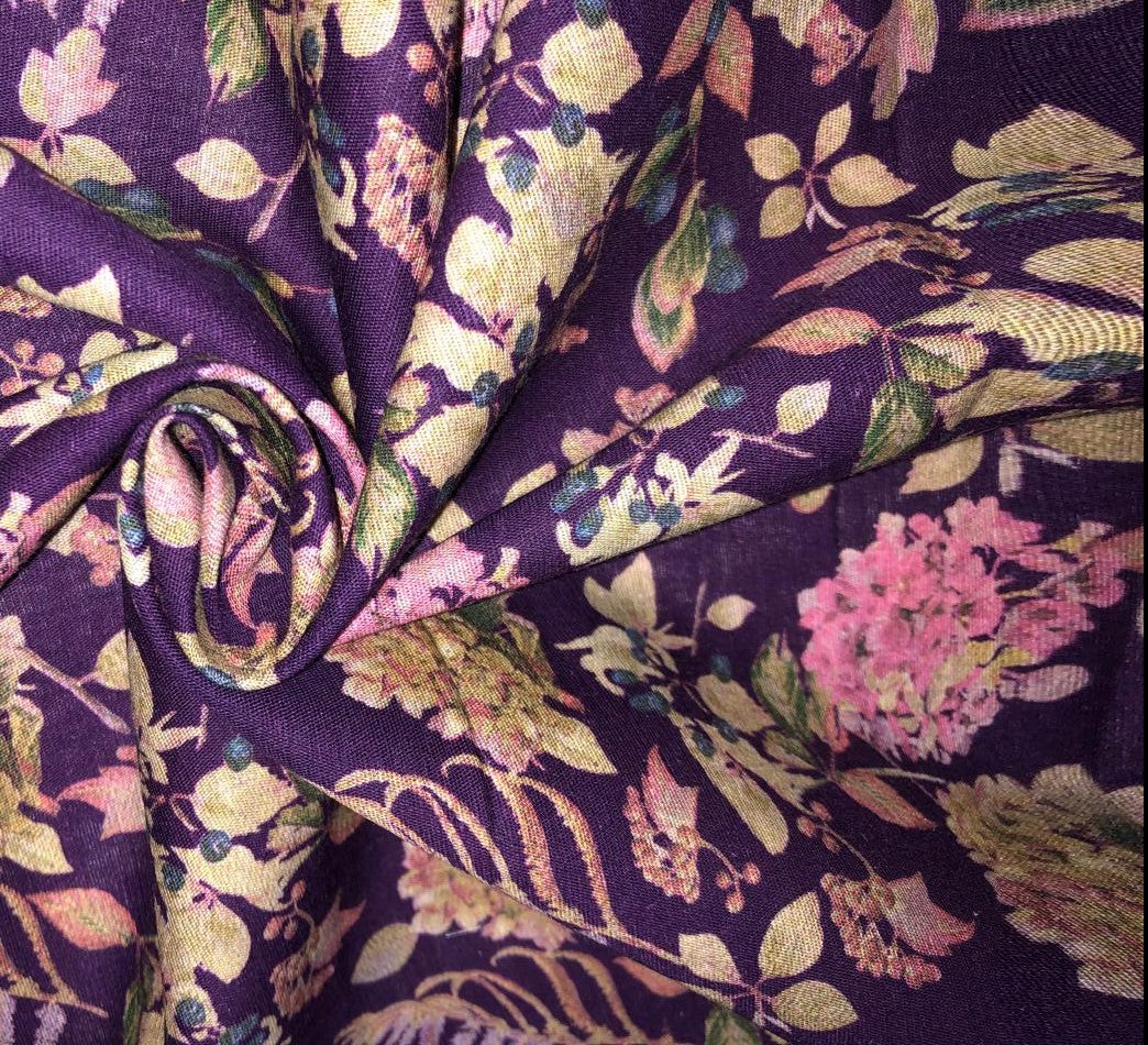 100% linen FLORAL digital print fabric 44" wide available in 2 colors green and aubergine purple [/1595915960]