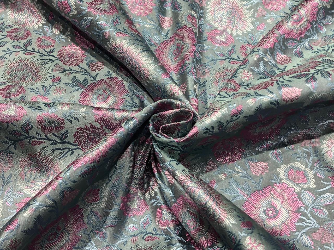 Silk Brocade fabric 44"  green sheen, silver ,blue and pink floral  jacquard BRO1050[1]