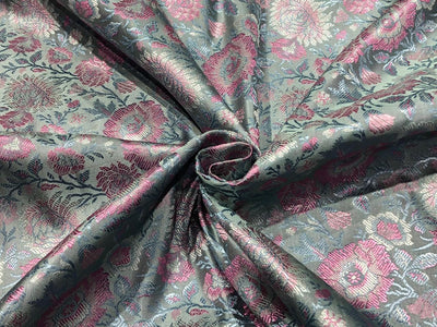Silk Brocade fabric 44"  green sheen, silver ,blue and pink floral  jacquard BRO1050[1]