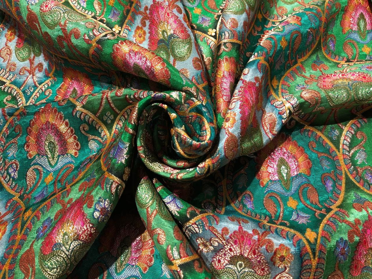 Silk Brocade Fabric beautiful jacquard  in multi colors 44""wide available in 4 color choices shades of greens/shades of blue and pink/shades of purple and pink and shades of olive and sea green   BRO967