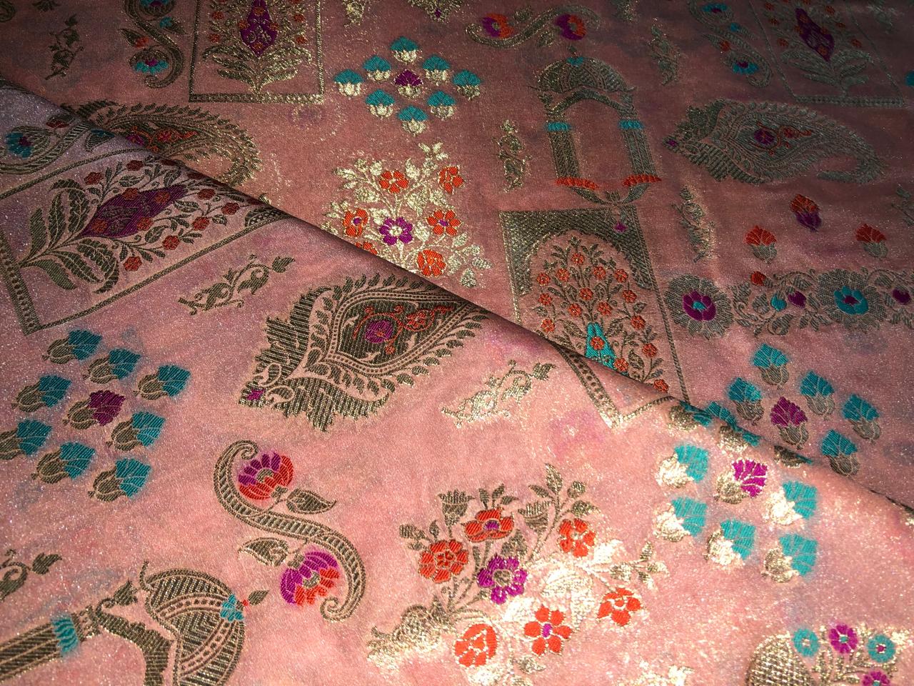 Silk Brocade fabric 44" available in 4 colors  peach, white ivory, mint and grey  [BRO1042]
