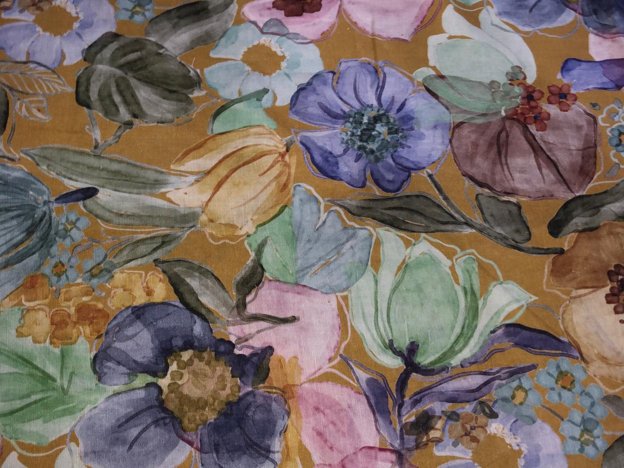 100% linen Floral digital print fabric 44" wide available in 3 colors grey, pink, mustard/mustard ,pink, grey, purple and purple, dusty green