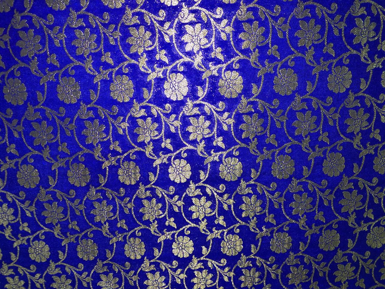 Silk Brocade fabric 44"all over floral vines in subtle metallic gold  jacquard available in 2 colors royal blue  and green BRO1041 (3/4)