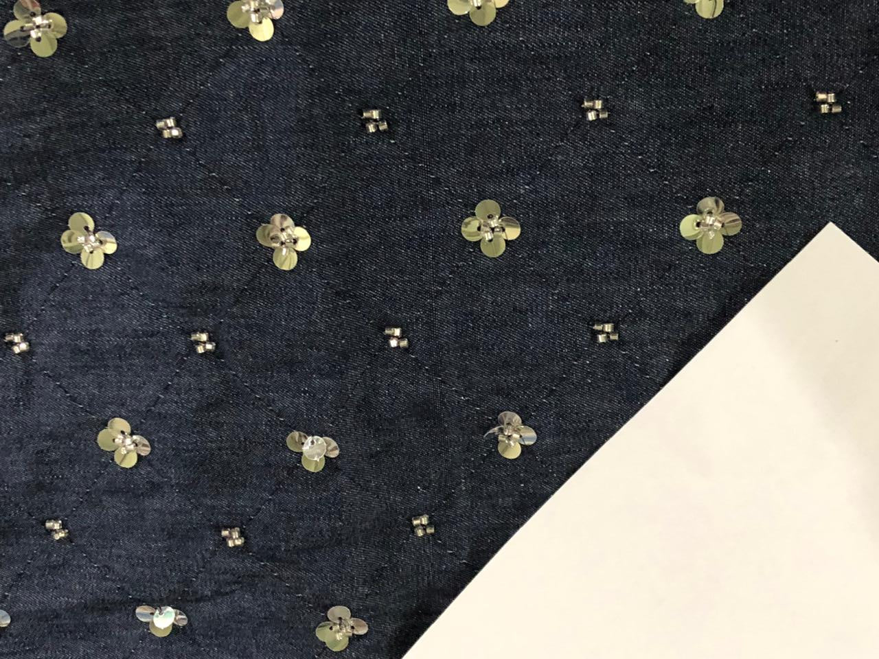 100% Cotton Denim Fabric 58" wide WITH SILVER SEQUENCE  available in 2 designs floral [DENIM BLUE AND BLACK] and squares