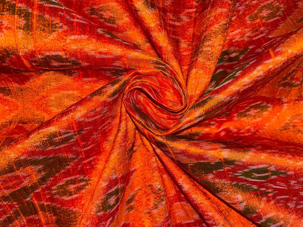 100% pure silk dupion ikat fabric orange x green color 44" wide DUP_IKAT_ORANGE