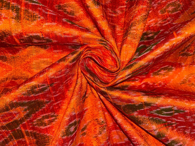 100% pure silk dupion ikat fabric orange x green color 44" wide DUP_IKAT_ORANGE