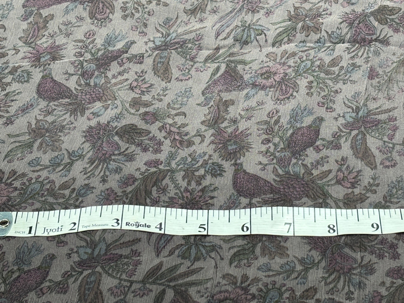 Silk chiffon  fabric iridescent  pink green and grey floral with bird  print  44" wide [17794]