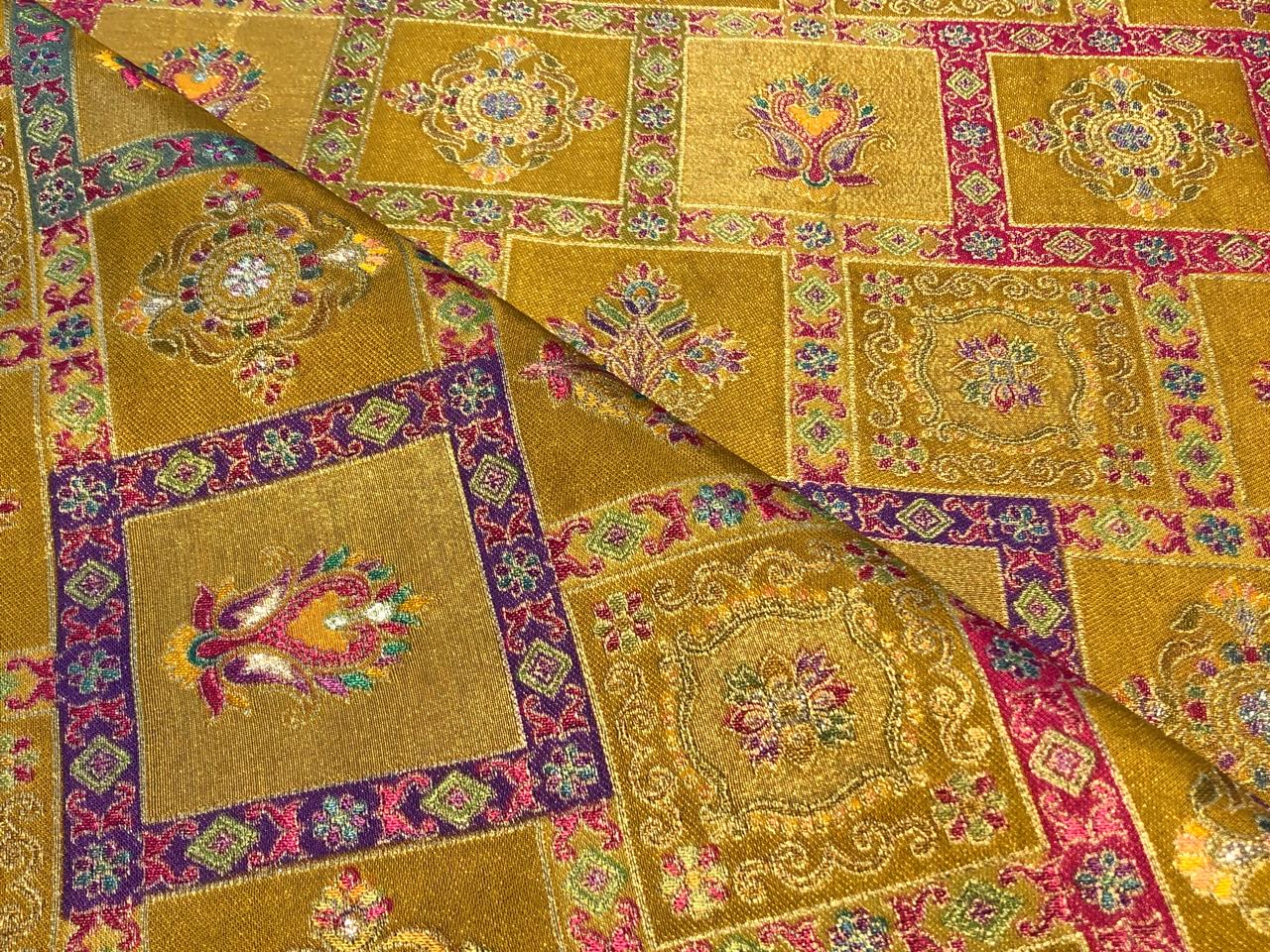 Silk Brocade fabric mustard gold with squares of floral  motifs BRO1090[2]