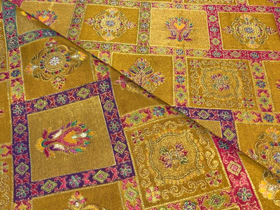 Silk Brocade fabric mustard gold with squares of floral  motifs BRO1090[2]