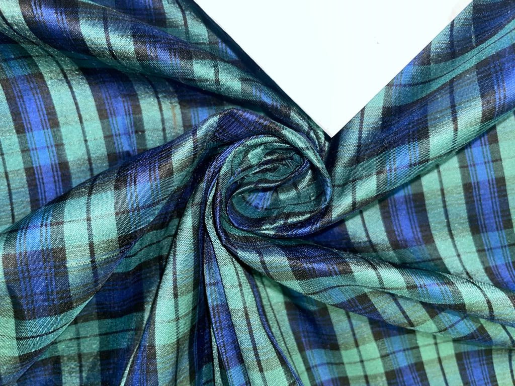 SILK DUPIONI FABRIC GREEN,BLUE X BLACK COLOR PLAIDS 54" wide DUPC79