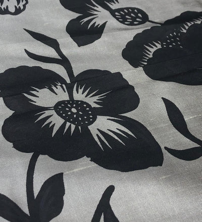 100% silk Dupion fabric brushed  gold with black floral print 54" wide DUPPRT42
